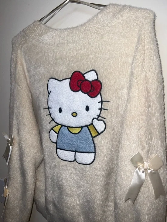 Hello Kitty Bow Sleeve Fuzzy Cardigan Cream Sanrio S/M NWT - Picture 10 of 13